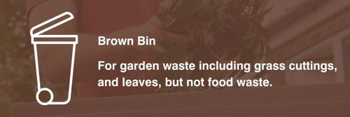 Brown garden waste bin. Text: Brown Bin - For garden waste including grass cuttings and leaves, but not food waste.