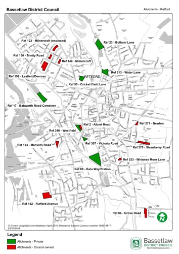 Map showing allotment site locations in Retford