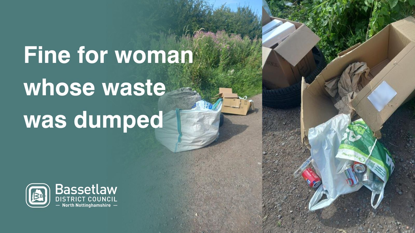 A collection of fly-tipped waste including cardboard boxes, drinks cans and builder's waste.