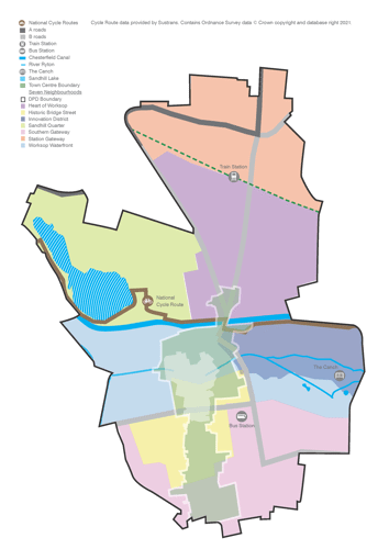 Map showing train and cycling travel routes in Worksop