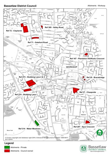 Map showing allotment site locations in Worksop