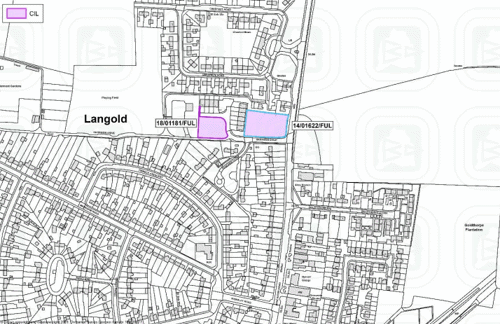 Map of Langold showing developments where CIL monies have been collected from since adoption